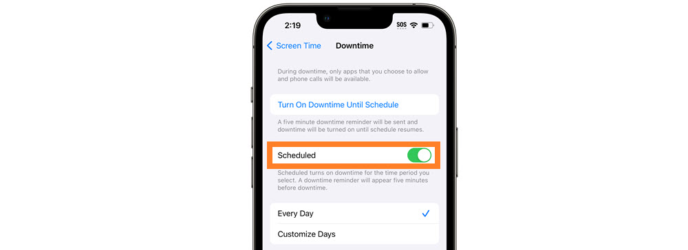 Set downtime schedule on the child&rsquo;s iPhone