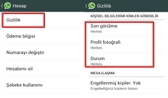 WhatsApp son g&ouml;r&uuml;lme ayarlar